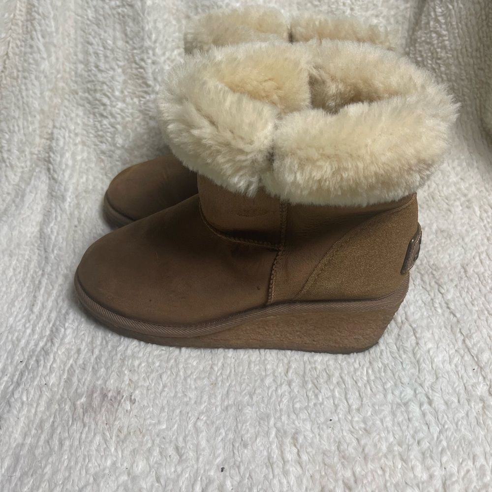 Kookaburra leather suede Tan Fur-Lined Ankle wedge slip on Boots SZ9
